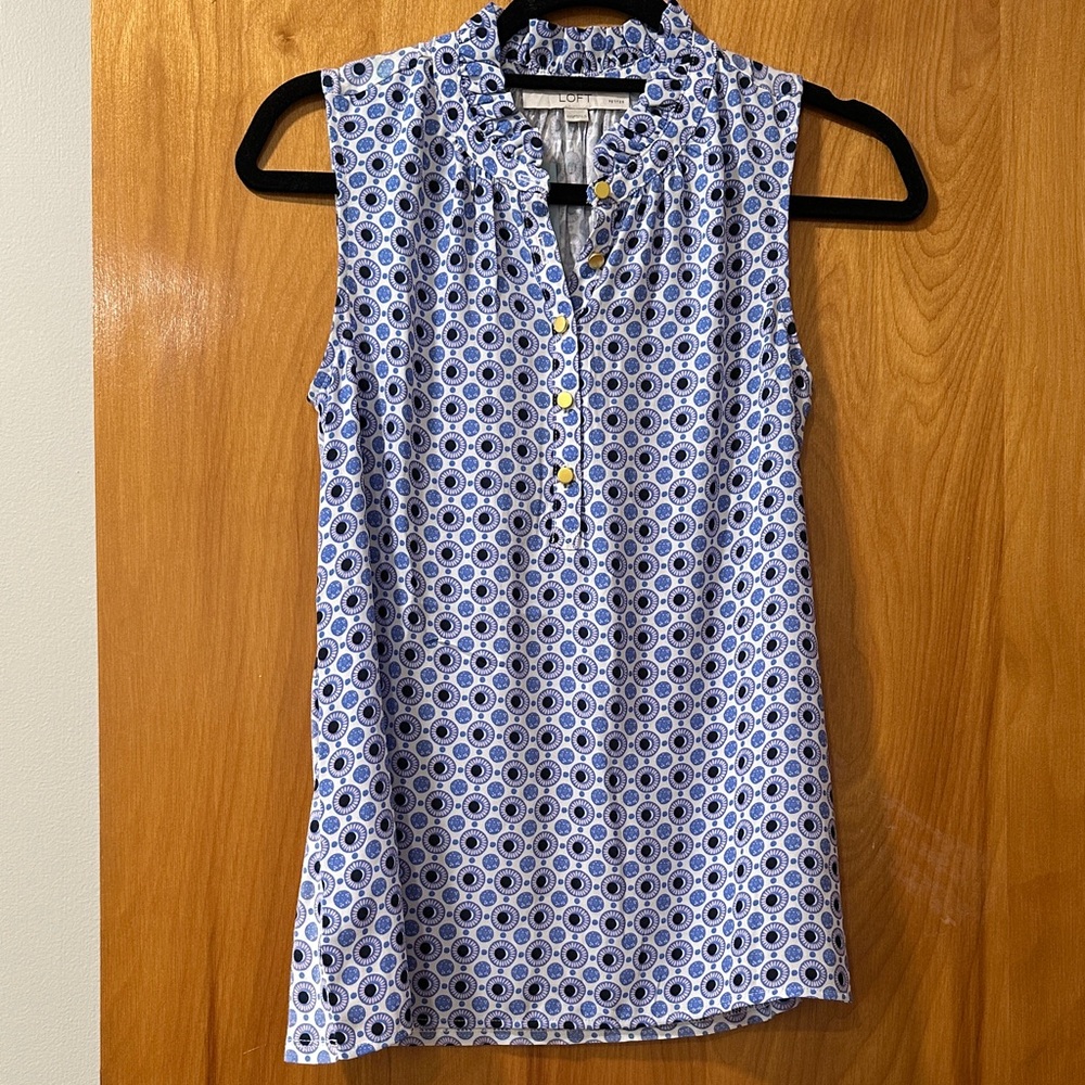 LOFT Sleeveless Blouse with Blue and White Pattern